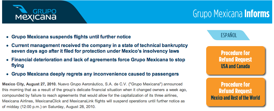 mexicana refund process and information, mexicana bankruptcy and suspension of flights