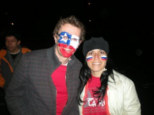 Paul and Ale celebrating Chile. Copyright Paul Davy.